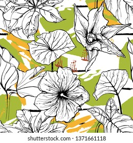 Tropical, stripe, animal motif. Seamless pattern line and crackle textures. Modern summer flower, leaf on abstract shape brush. Tropic vector background. Watercolor blobs stripe daubs, ink and stains.