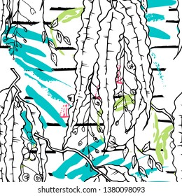 Tropical, stripe, animal motif. Seamless pattern line and crackle textures. Modern summer flower, leaf on abstract shape brush. Tropic vector background. Watercolor blobs stripe daubs, ink and stains.