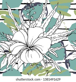 Tropical, stripe, animal motif. Seamless pattern line and crackle textures. Modern summer flower, leaf on abstract shape brush. Tropic vector background. Watercolor blobs stripe daubs, ink and stains.