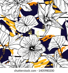 Tropical, stripe, animal motif. Seamless pattern line and crackle textures. Modern summer flower, leaf on abstract shape brush. Tropic vector background. Watercolor blobs stripe daubs, ink and stains.
