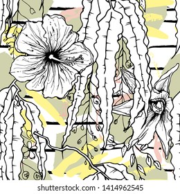 Tropical, stripe, animal motif. Seamless pattern line and crackle textures. Modern summer flower, leaf on abstract shape brush. Tropic vector background. Watercolor blobs stripe daubs, ink and stains.