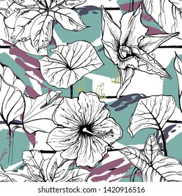 Tropical, stripe, animal motif. Seamless pattern line and crackle textures. Modern summer flower, leaf on abstract shape brush. Tropic vector background. Watercolor blobs stripe daubs, ink and stains.