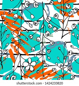 Tropical, stripe, animal motif. Seamless pattern line and crackle textures. Modern summer flower, leaf on abstract shape brush. Tropic vector background. Watercolor blobs stripe daubs, ink and stains.