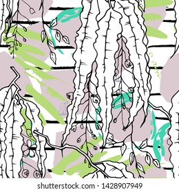 Tropical, stripe, animal motif. Seamless pattern line and crackle textures. Modern summer flower, leaf on abstract shape brush. Tropic vector background. Watercolor blobs stripe daubs, ink and stains.