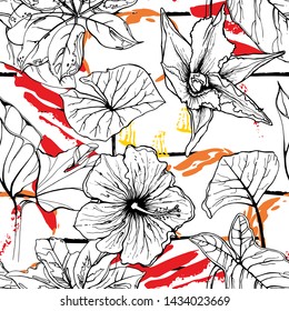 Tropical, stripe, animal motif. Seamless pattern line and crackle textures. Modern summer flower, leaf on abstract shape brush. Tropic vector background. Watercolor blobs stripe daubs, ink and stains.