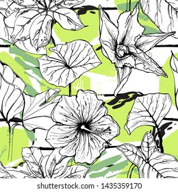 Tropical, stripe, animal motif. Seamless pattern line and crackle textures. Modern summer flower, leaf on abstract shape brush. Tropic vector background. Watercolor blobs stripe daubs, ink and stains.