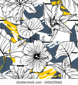 Tropical, stripe, animal motif. Seamless pattern line and crackle textures. Modern summer flower, leaf on abstract shape brush. Tropic vector background. Watercolor blobs stripe daubs, ink and stains.
