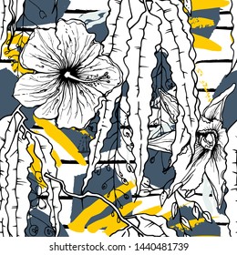 Tropical, stripe, animal motif. Seamless pattern line and crackle textures. Modern summer flower, leaf on abstract shape brush. Tropic vector background. Watercolor blobs stripe daubs, ink and stains.