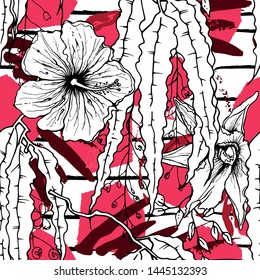 Tropical, stripe, animal motif. Seamless pattern line and crackle textures. Modern summer flower, leaf on abstract shape brush. Tropic vector background. Watercolor blobs stripe daubs, ink and stains.