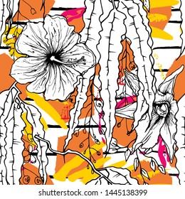 Tropical, stripe, animal motif. Seamless pattern line and crackle textures. Modern summer flower, leaf on abstract shape brush. Tropic vector background. Watercolor blobs stripe daubs, ink and stains.