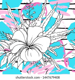 Tropical, stripe, animal motif. Seamless pattern line and crackle textures. Modern summer flower, leaf on abstract shape brush. Tropic vector background. Watercolor blobs stripe daubs, ink and stains.