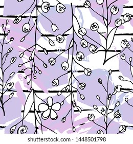 Tropical, stripe, animal motif. Seamless pattern line and crackle textures. Modern summer flower, leaf on abstract shape brush. Tropic vector background. Watercolor blobs stripe daubs, ink and stains.