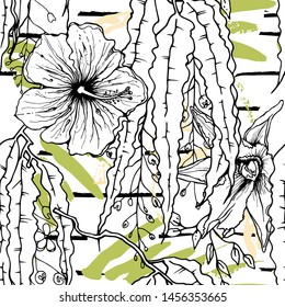 Tropical, stripe, animal motif. Seamless pattern line and crackle textures. Modern summer flower, leaf on abstract shape brush. Tropic vector background. Watercolor blobs stripe daubs, ink and stains.