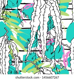 Tropical, stripe, animal motif. Seamless pattern line and crackle textures. Modern summer flower, leaf on abstract shape brush. Tropic vector background. Watercolor blobs stripe daubs, ink and stains.