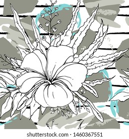Tropical, stripe, animal motif. Seamless pattern line and crackle textures. Modern summer flower, leaf on abstract shape brush. Tropic vector background. Watercolor blobs stripe daubs, ink and stains.