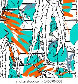 Tropical, stripe, animal motif. Seamless pattern line and crackle textures. Modern summer flower, leaf on abstract shape brush. Tropic vector background. Watercolor blobs stripe daubs, ink and stains.
