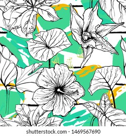 Tropical, stripe, animal motif. Seamless pattern line and crackle textures. Modern summer flower, leaf on abstract shape brush. Tropic vector background. Watercolor blobs stripe daubs, ink and stains.