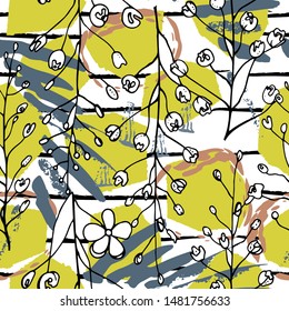 Tropical, stripe, animal motif. Seamless pattern line and crackle textures. Modern summer flower, leaf on abstract shape brush. Tropic vector background. Watercolor blobs stripe daubs, ink and stains.