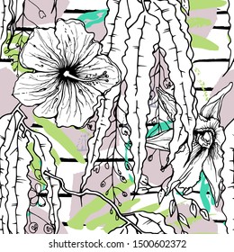 Tropical, stripe, animal motif. Seamless pattern line and crackle textures. Modern summer flower, leaf on abstract shape brush. Tropic vector background. Watercolor blobs stripe daubs, ink and stains.