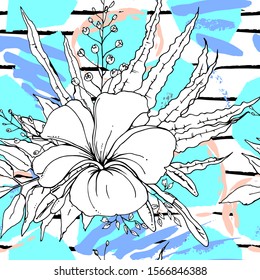 Tropical, stripe, animal motif. Seamless pattern line and crackle textures. Modern summer flower, leaf on abstract shape brush. Tropic vector background. Watercolor blobs stripe daubs, ink and stains.