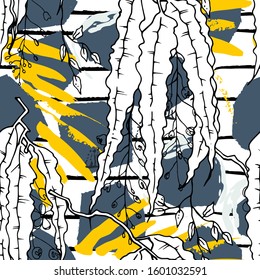 Tropical, stripe, animal motif. Seamless pattern line and crackle textures. Modern summer flower, leaf on abstract shape brush. Tropic vector background. Watercolor blobs stripe daubs, ink and stains.