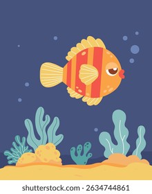 Tropical Listrado peixes com algas, coral no fundo do mar sobre fundo azul. Ilustração vetorial. Coleção Kids