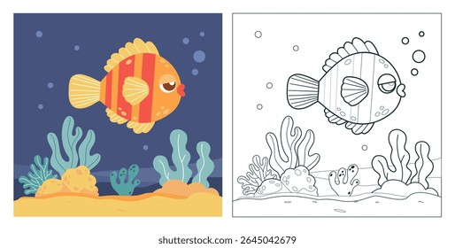 Peixe Listrado Tropical com algas e corais no fundo do mar. Contorno isolado e desenho de cores. Página de cores. Ilustração vetorial. Coleção Kids