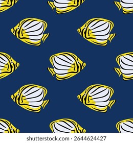 Tropical striped fish. Seamless pattern with fish on blue background. For textiles, wallpapers and packaging, postcards or covers.