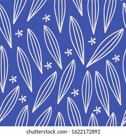 Tropical striped leaves and flowers, geometric seamless pattern, vector on a blue background. For festive packaging, printing on fabrics and textiles. Wallpaper for the room. Wrapping for medicines 