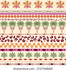 Tropisch gestreiftes nahtloses Muster. Palme, blühende Leoparden Hautflecken, geometrische Elemente. Hawaii Sommer Strand-Print, Dschungel Textil-Design, Safari-Hintergrund wiederholen. Vektor Stammes ethnische Tapete.