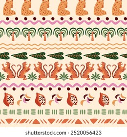 Tropical stripes seamless pattern. Cute tribal ethnic geometric lines, palms tree, abstract hand drawn lines, tiger, jaguar, leaves. Jungle beige background. Vector textile design, wallpaper, print