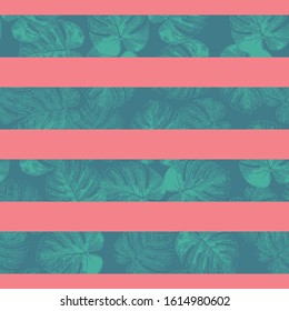 Tropical stripes seamless vector pattern. Teal blue and coral red horizontal striped texture with monstera palm leaf shapes. Philodendron leaves texture. Repeating contemporary geometric background. 