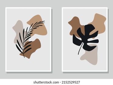 Tropical style flat vector illustration.Geometric shapes in the style of boho.Gray background. Light gray frame. Poster image. Ideal for printing.Monstera and palm tree in black.