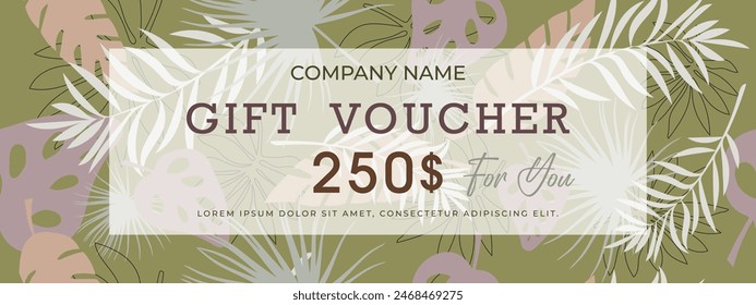 Tropical style gift certificate template. Cover for advertising. Vector.