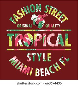 Tropical style Miami fashion street, vector artwork for girl t shirt with flamingo and leaves background