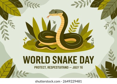 Tropical estilo mundo cobra dia emblema com cobra enrolado e folhas de selva para a conservação do réptil julho 16