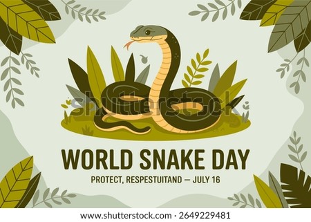 Tropical style world snake day badge with coiled snake and jungle leaves for reptile conservation july 16