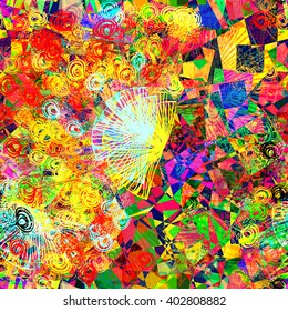 Tropical stylized leaves and flowers on a checkered background. Seamless abstract background. Vector.