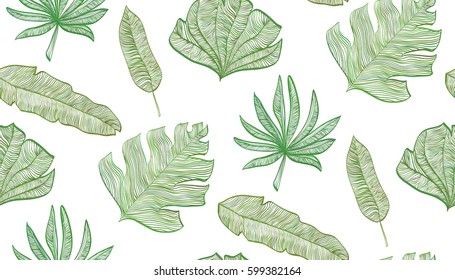 Tropical stylized leaves with hand drawn wavy texture seamless pattern