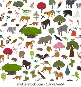 Tropical and subtropical dry broadleaf forest biome, natural region seamless pattern. Seasonal forests. Animals, birds and vegetations ecosystem design set. Vector illustration svg