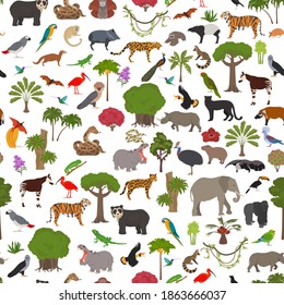 Bioma tropical y subtropical de selva tropical, patrón ininterrumpido de la región natural. Selvas amazónicas, africanas, asiáticas, australianas. Conjunto de diseño de ecosistemas animales, aves y vegetación. Ilustración del vector