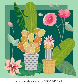 Tropical succulent garden. Silk scarf with cacti, aloe, roses and banana leaves on dark green background. Vintage textile collection.