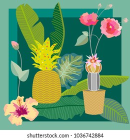 Tropical succulent garden. Silk scarf with cactus, pineaaple, flowers and palm leaves on dark green background. Vintage textile collection.
