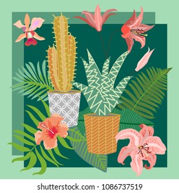 Tropical succulent garden. Silk scarf with cacti, orchids, lilies and palm leaves on dark green background. Vintage textile collection.