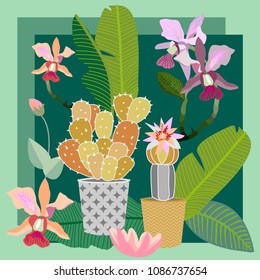 Tropical succulent garden. Silk scarf with cacti, orchids, lotus and palm leaves on dark green background. Vintage textile collection.