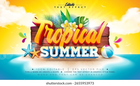 Diseño de efecto de texto 3D de verano tropical Efecto de estilo gráfico de Vector editable y escalable con Elementos de Festiva de playa y hojas de palma tropical sobre fondo azul nublado Plantilla de ilustración de Premium
