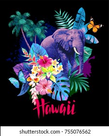 Tropical summer arrangement with elephant, palm leaves and exotic flowers. Vector illustration.