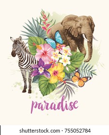 Tropical summer arrangement with elephant, zebra, palm leaves, butterflies and exotic flowers. Vector illustration.