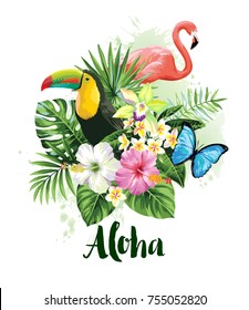 Tropical summer arrangement with  flamingo, toucans, palm leaves and exotic flowers. Vector illustration.