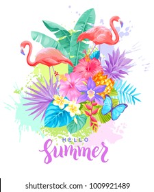 Tropical summer arrangement with flamingos, palm leaves and exotic flowers. Vector illustration.